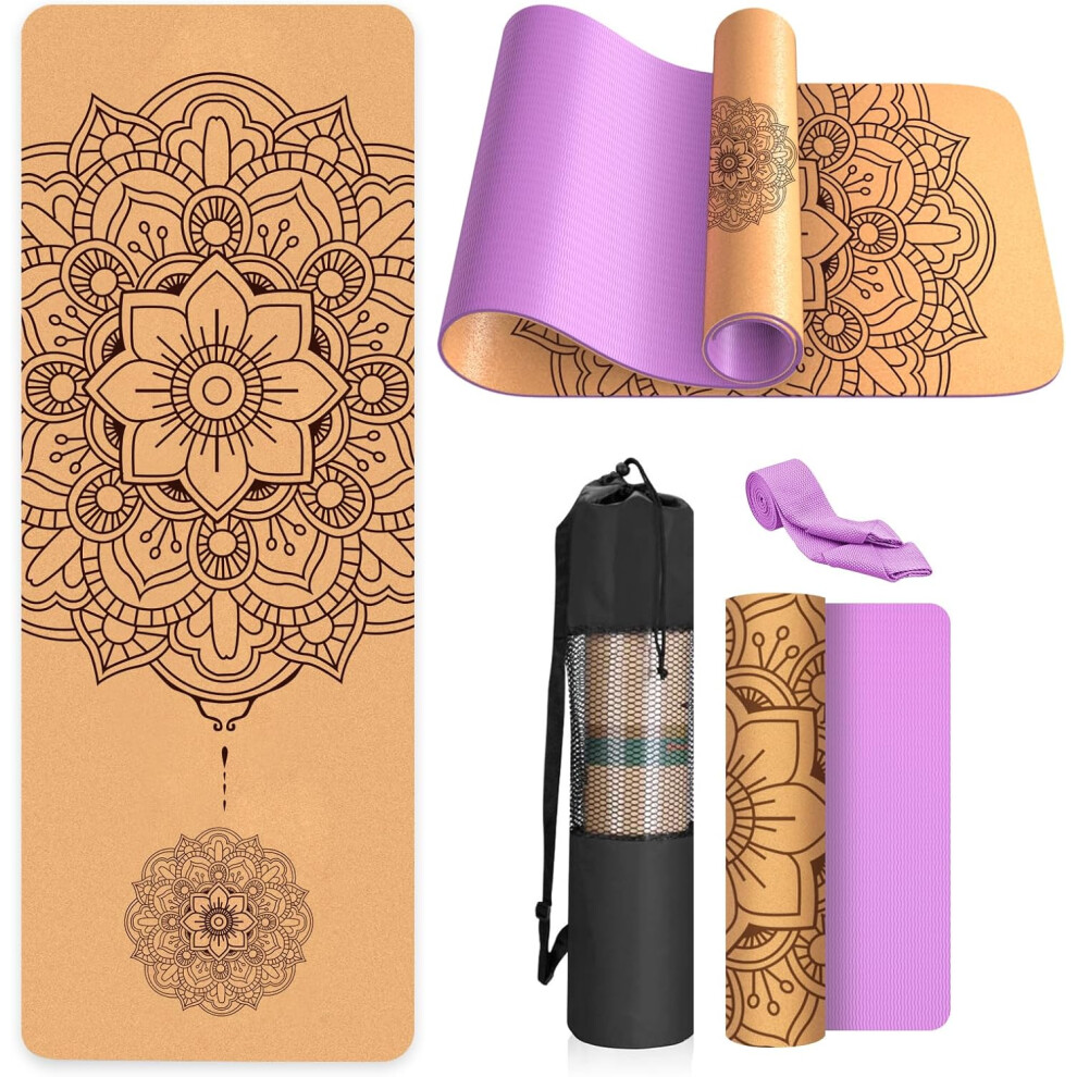 (Purple-Mandala) Eco-Friendly Yoga Mat - Cork Non Slip Unique Design Natural Cork TPE Exercise Mat with Carry Bag and Strap For Home