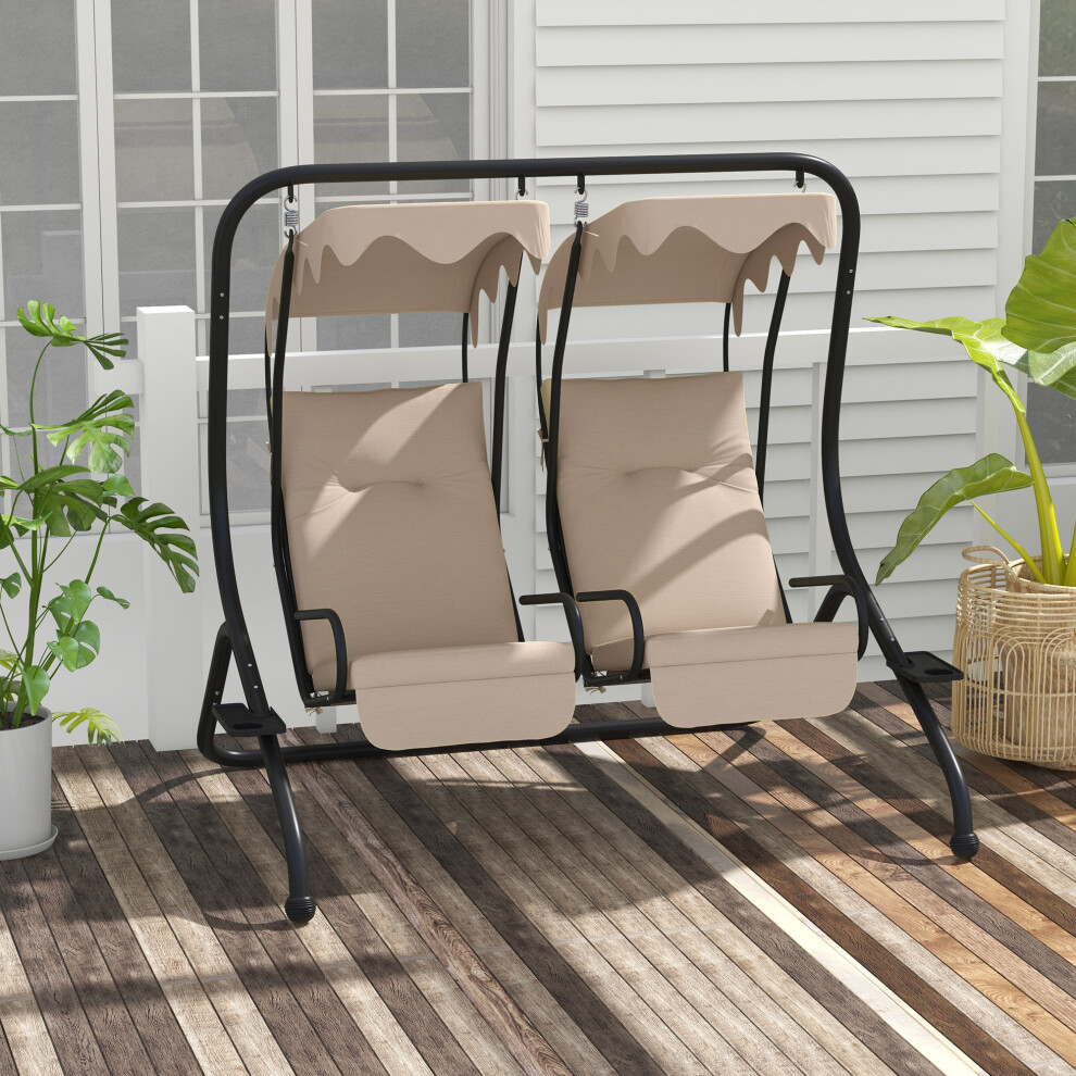 Outsunny Canopy Swing 2 Separate Relax Chairs w/ Handrails, Cup Holders Beige