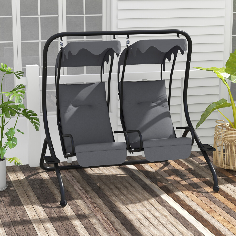 Outsunny Canopy Swing 2 Separate Relax Chairs W/ Handrails, Cup Holders Grey