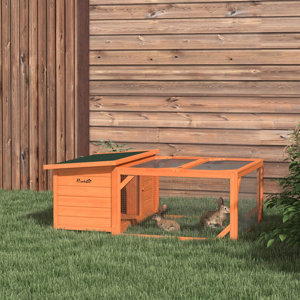 Pawhut Rabbit Hutch, Guinea Pig Hutch Outdoor With Run & Open Roof, Orange