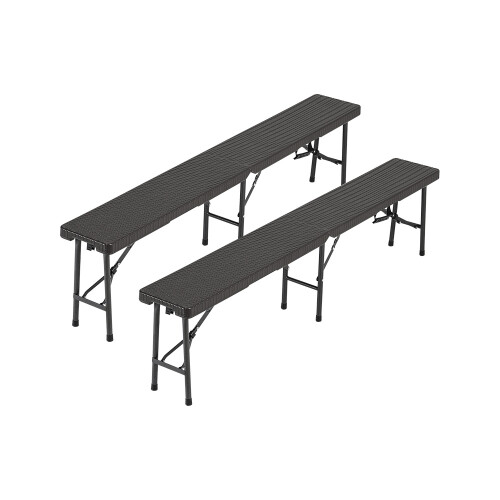 2Pcs Black Rattan Effect Plastic Outdoor Garden Folding Bench Set
