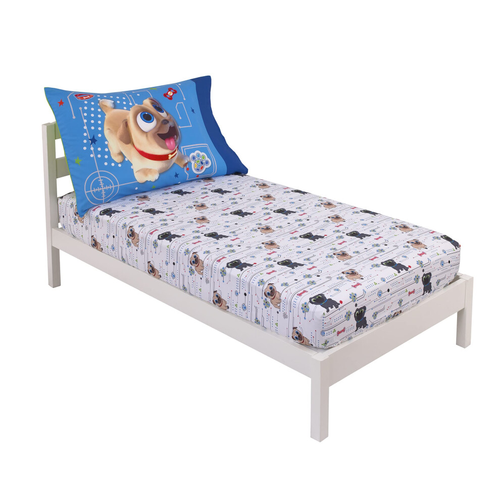 Disney Puppy Dog Pals Puppy Pals Fun White  Blue  & Green 2Piece Toddler Sheet Set - Fitted Bottom Sheet & Reversible Pillowcase  Blue  Green  Grey  W