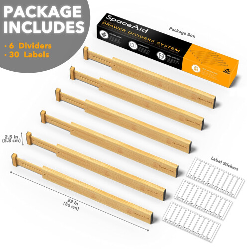 SpaceAid Bamboo Dirker Dividers with Labels Kitchen Adjustable Dather Organizors Organization Extensible pour les commodes de bureau a domicile e 1