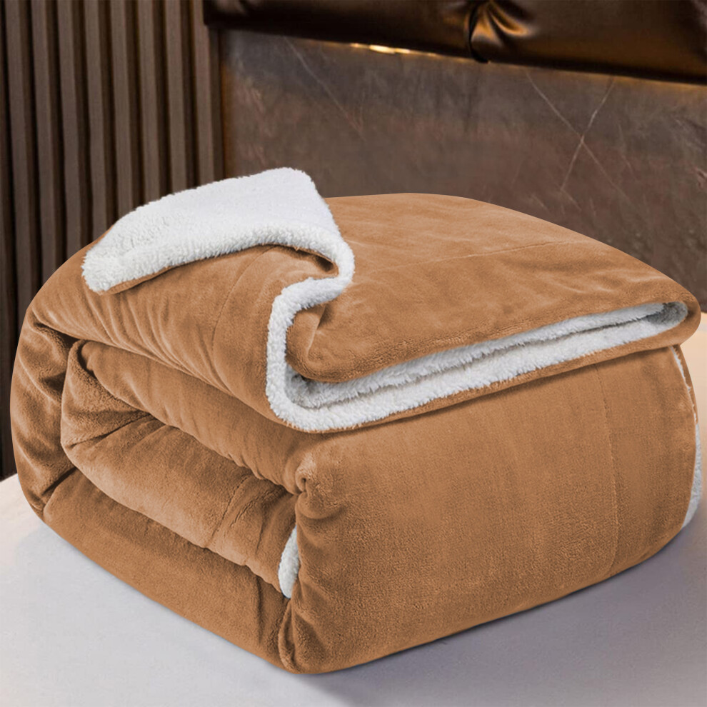 (Camel -Sherpa Fleece) King Sherpa Fleece Blanket Throw Bed Sofa Couch UK