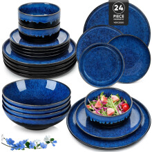 Dinner Sets for 6 People,Starry Reactive Glaze Blue Crockery Set,Ceramic Plates and Bowls Sets Include Large Dinner Plates,Dessert Plates