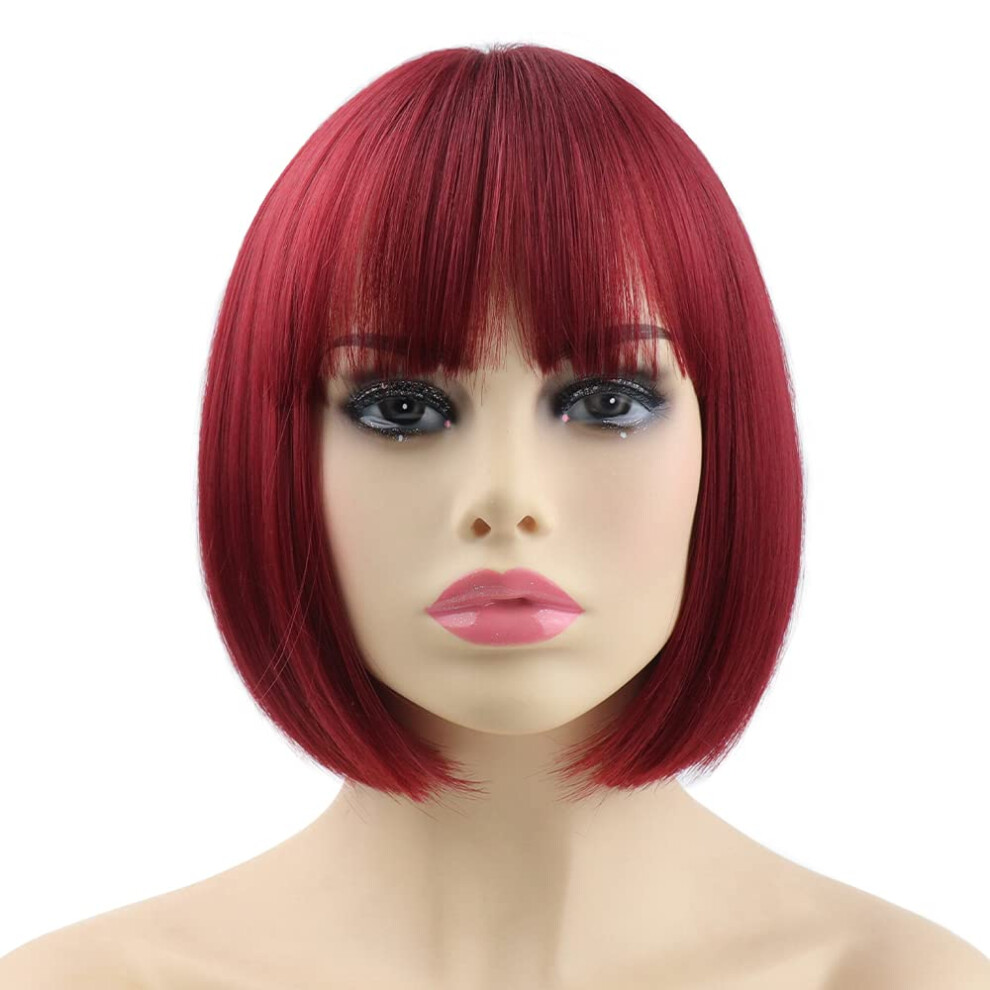 Syxlcygg Bob Wig Short Wigs Burgundy Synthetic 10 Straight Womens Hair Wig With Bangs Girl Cosplay Party White Women Daily Fr