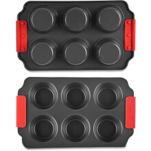 Zuvo Non Stick 6 Cup Muffin Tray with Silicone Handles Dishwasher Safe Stain Resistant Bake Pan