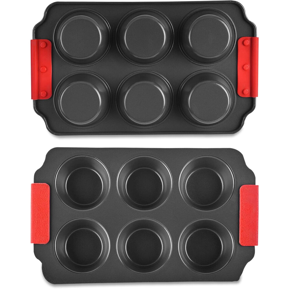 Zuvo Non Stick 6 Cup Muffin Tray With Silicone Handles Dishwasher Safe Stain Resistant Bake Pan