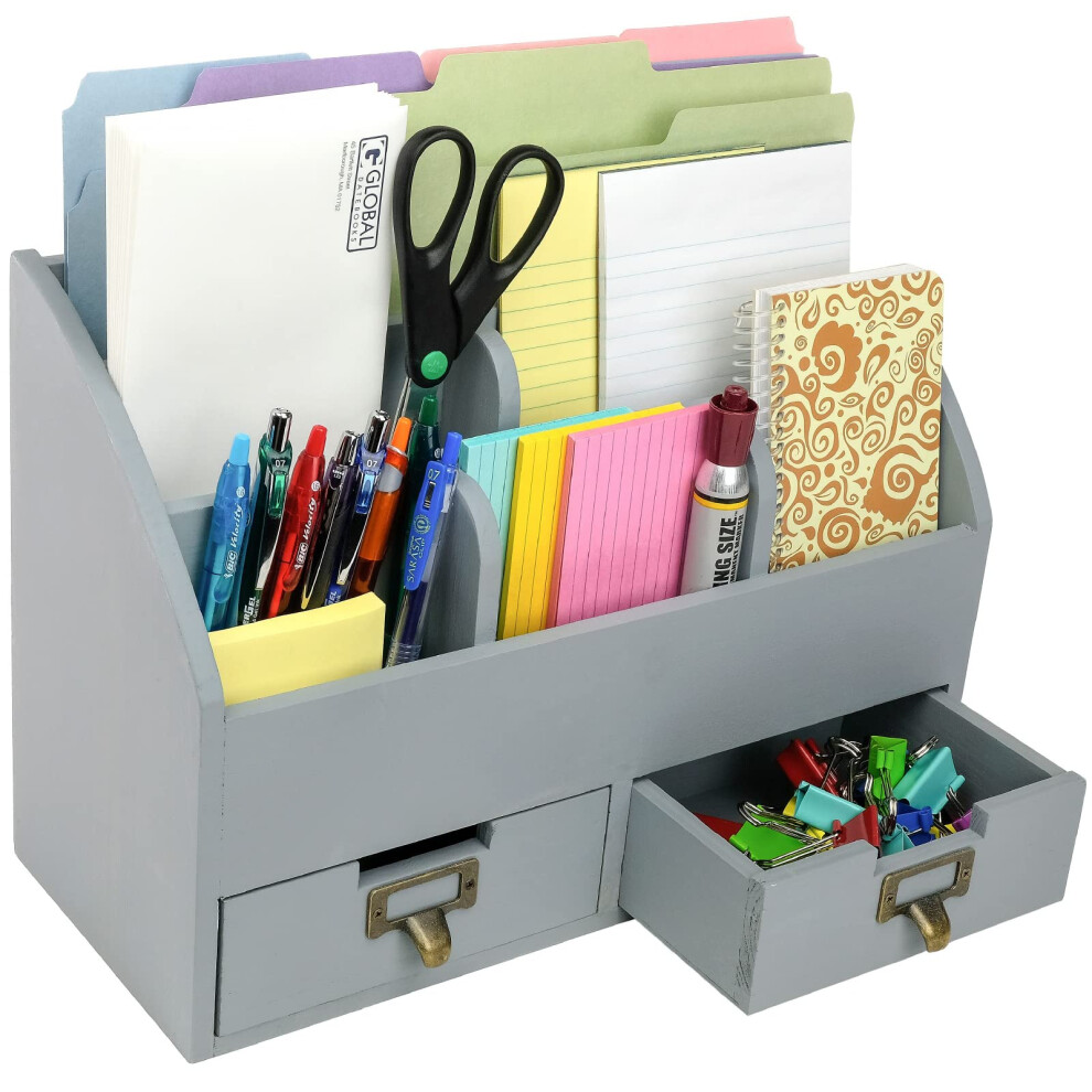 Organisateur de bureau en bois 6 compartiments 2 tiroirs Support de fournitures - Bois massif