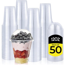 Zuvo 12oz Plastic Smoothie Cups with Dome Lids Pack of 50 Strong Clear Cups for Milkshakes Iced Coffee Slush and Bubble Tea Reusable