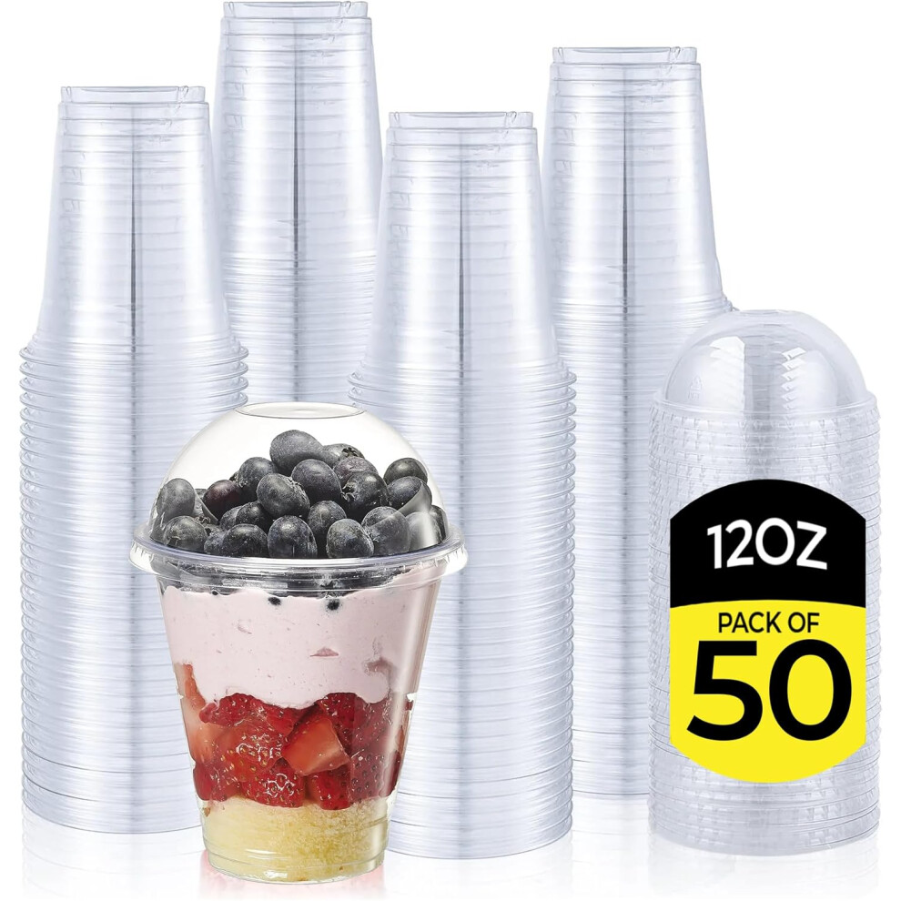 Zuvo 12Oz Plastic Smoothie Cups With Dome Lids Pack Of 50 Strong Clear Cups For Milkshakes Iced Coffee Slush And Bubble Tea Reusable