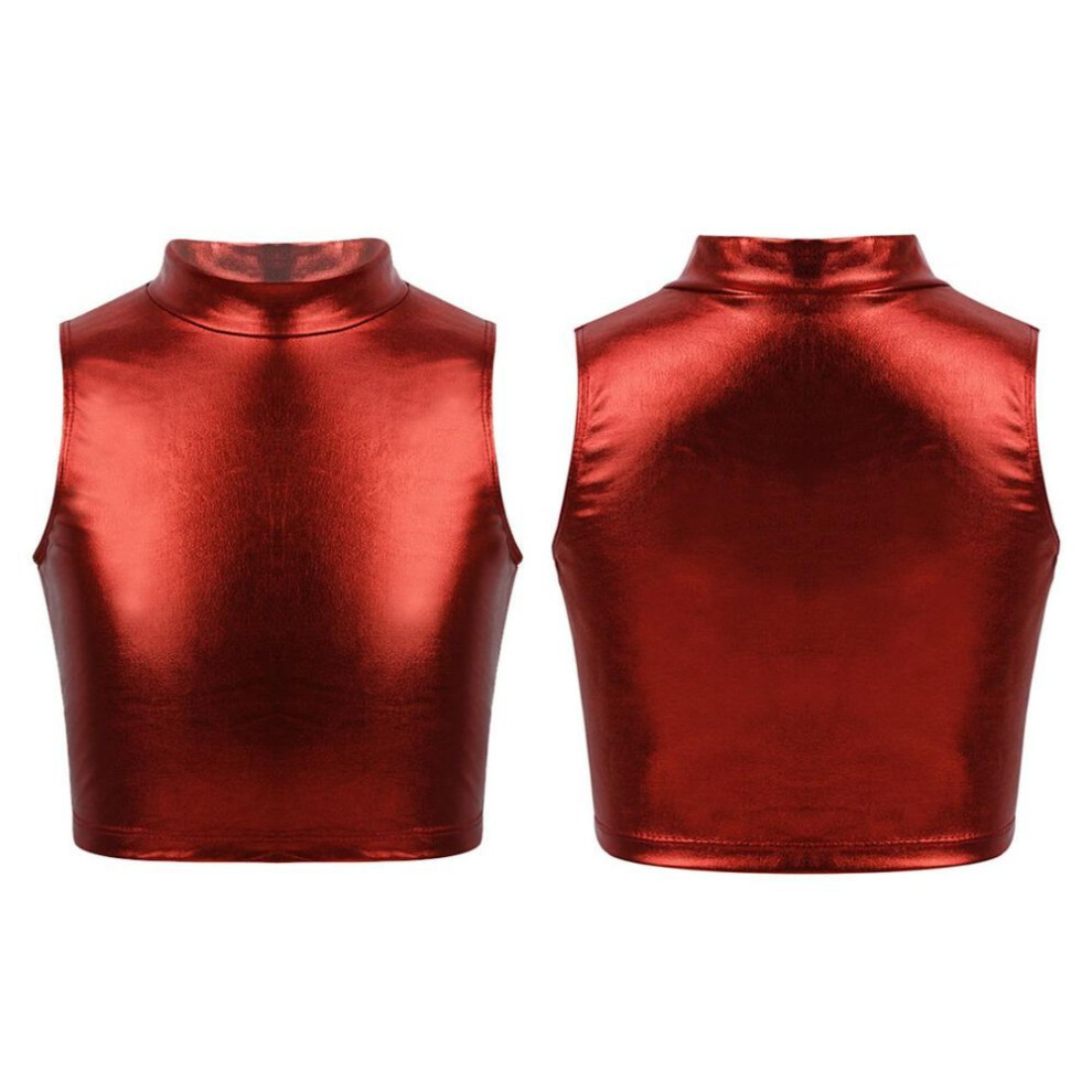 (red, 11-12 Years) Fashion Girls Shiny Metallic Sleeveless Turtleneck Crop Tank Tops Gymnastics Cami Tank Top Dancewear