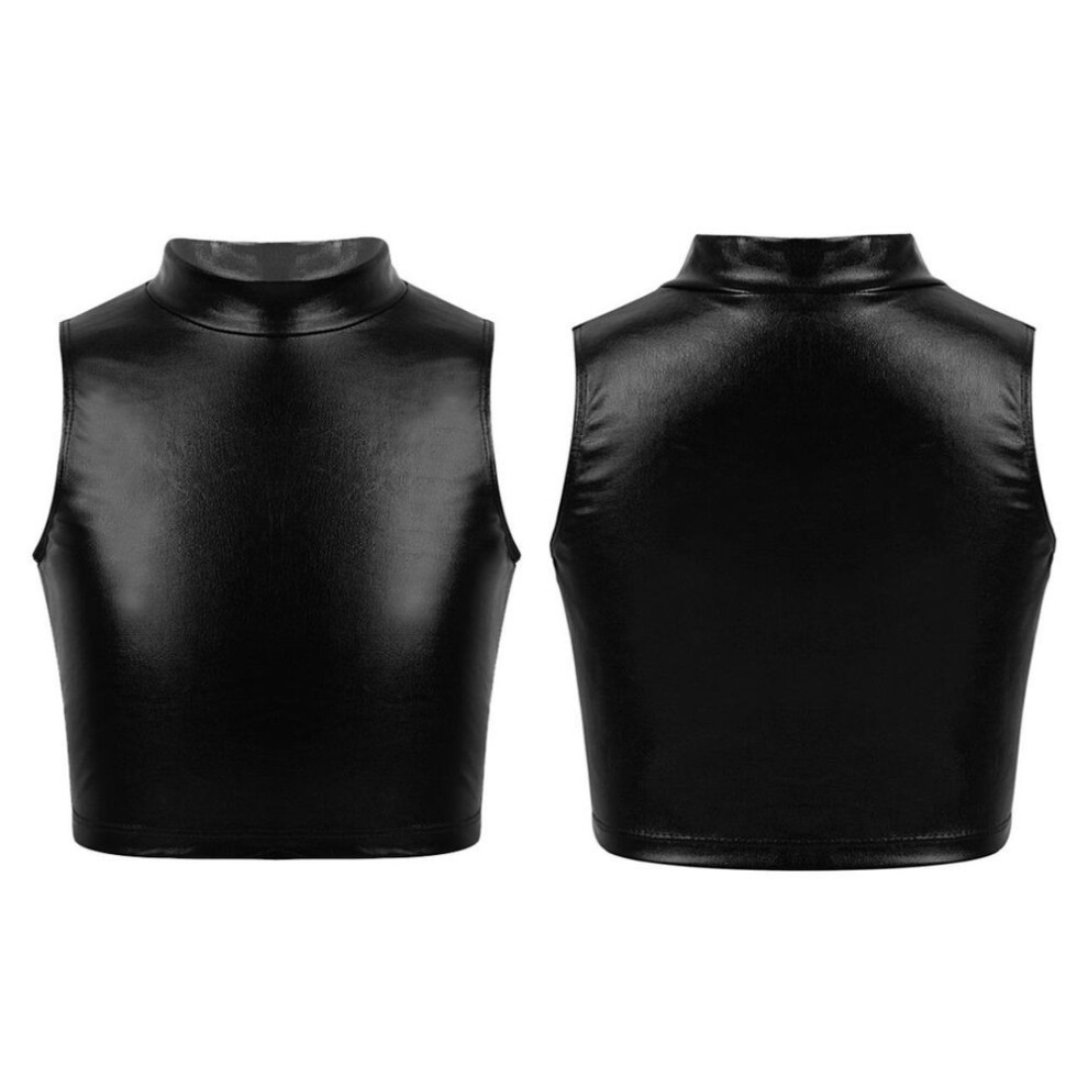 (black, 13-14 Years) Fashion Girls Shiny Metallic Sleeveless Turtleneck Crop Tank Tops Gymnastics Cami Tank Top Dancewear