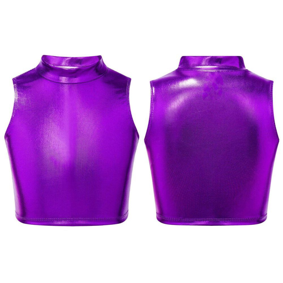 (purple, 11-12 Years) Fashion Girls Shiny Metallic Sleeveless Turtleneck Crop Tank Tops Gymnastics Cami Tank Top Dancewear