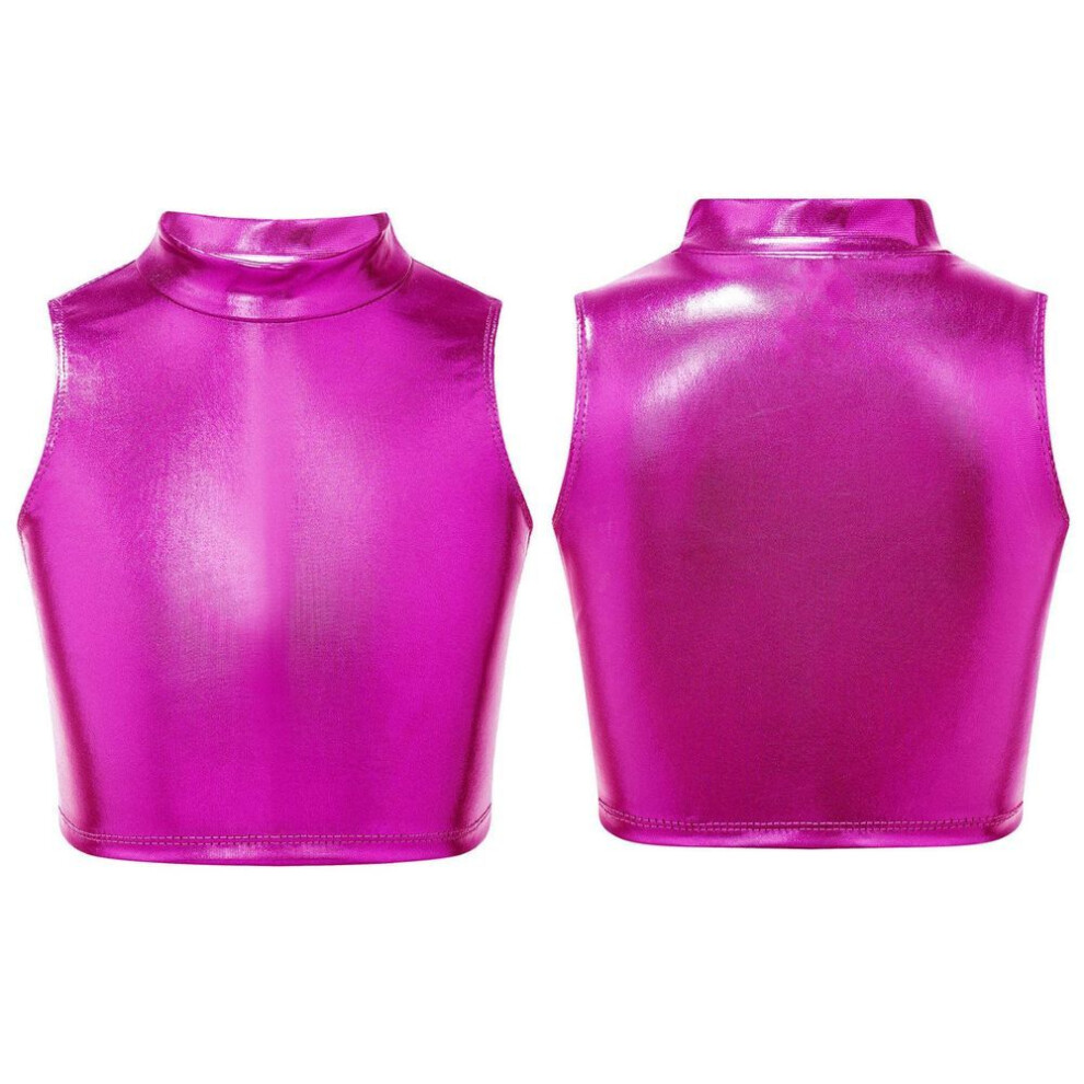 (rose red, 15-16 Years) Fashion Girls Shiny Metallic Sleeveless Turtleneck Crop Tank Tops Gymnastics Cami Tank Top Dancewear