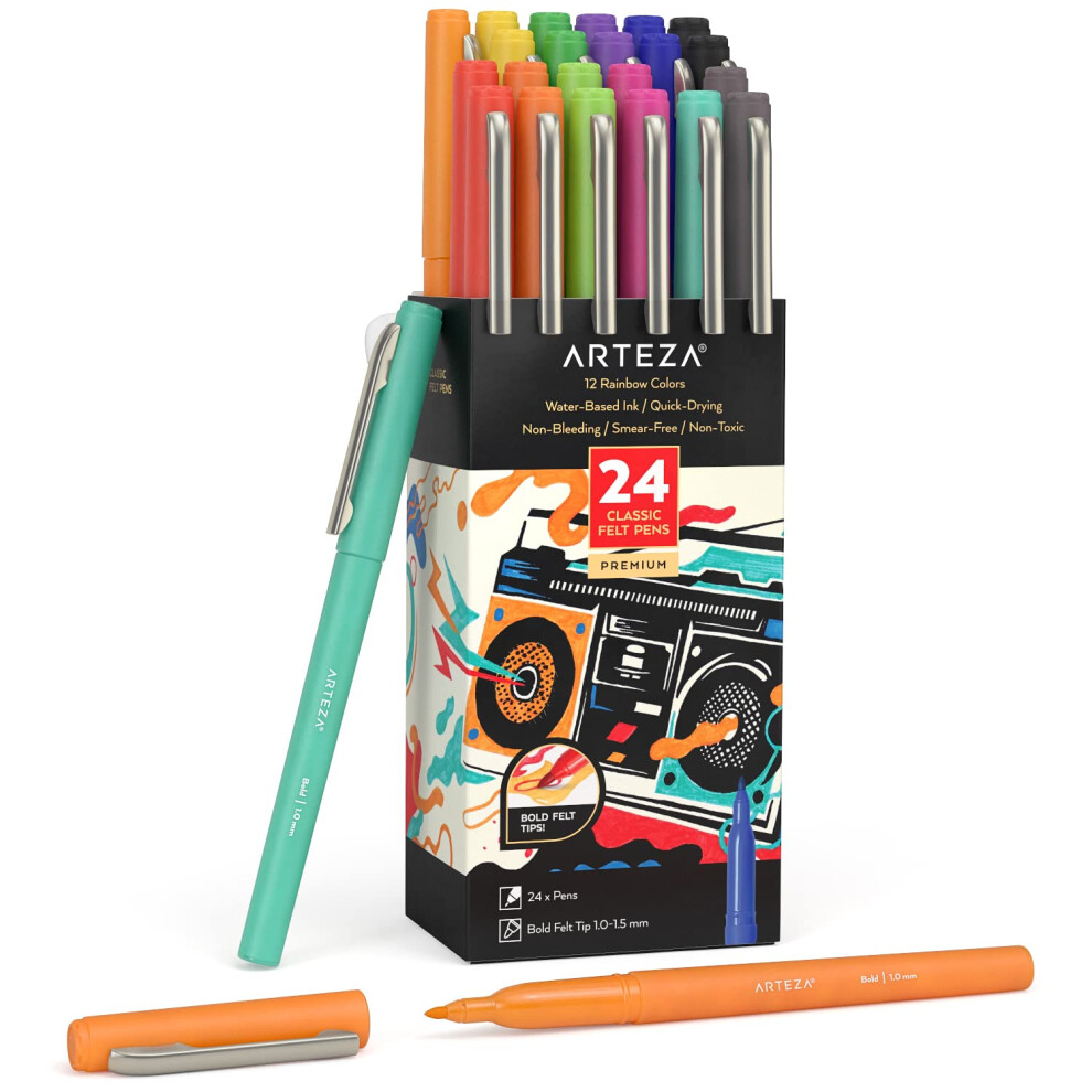 ARTEZA Felt Tip Pens  Set of 24  12 Rainbow Colors  1.0-1.5 mm Fiber T