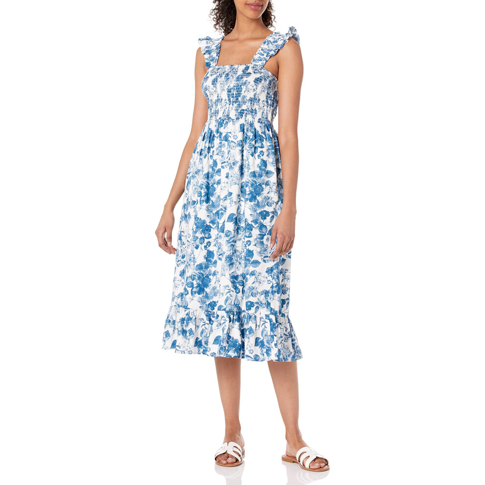 The Drop Women's Kimi Ruffled Shoulder Smocked Midi Dress Blue Floral