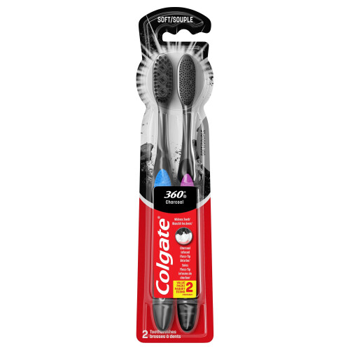 Colgate Οδοντόβουρτσα Colgate 360 με Άνθρακα, Μαλακές Οδοντόβουρτσες Ενηλίκων, 2 Τεμάχια
