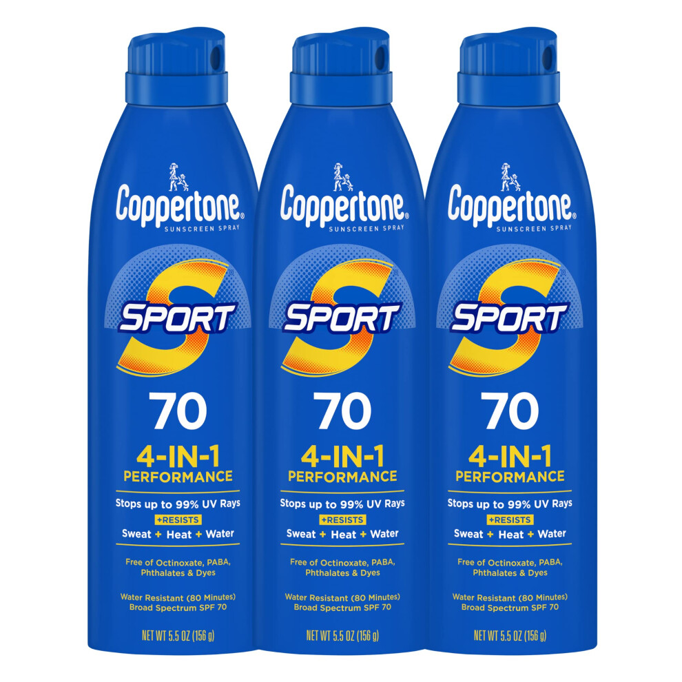 Coppertone SPORT Sunscreen Spray SPF 70  Water Resistant Sunscreen  Broad Spectrum SPF 70 Sunscreen  Bulk Sunscreen Pack  5.5 Oz Spray  Pack of 3