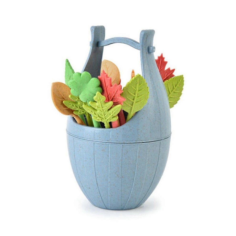 Children'S Wheat Straw Fruit Fork with Storage Bucket Bento Box Decorated Fruit Cocktail Dessert, Mini Toothpick,Blue