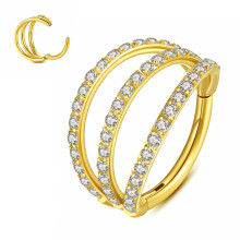 Yrogcu 16g 10mm guld tredobbelt n?se ringe med klar Zicron Lip Septum Clicker: Triple Open Stack Conch Daith Piercing Jewelry Brusk Earring Hoop