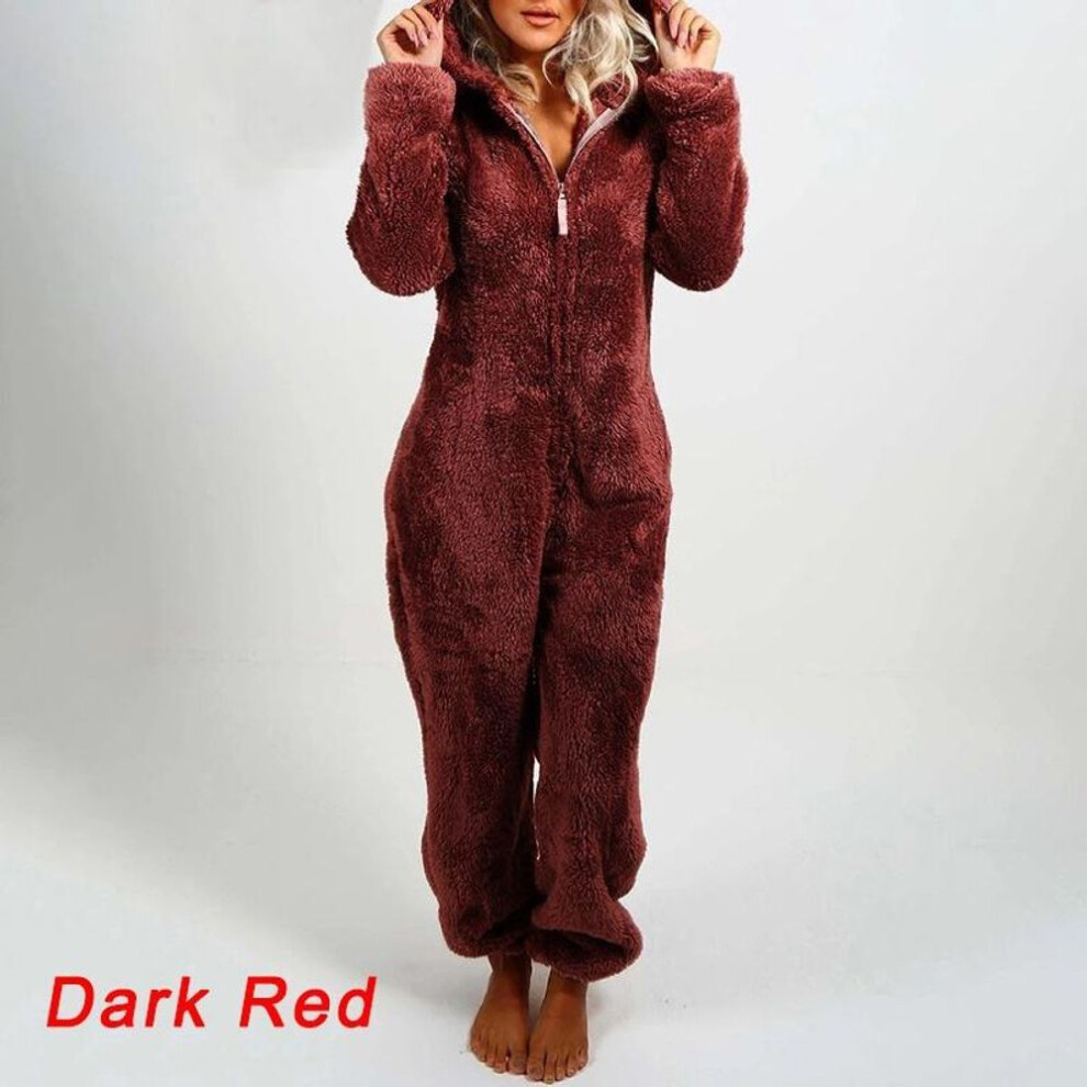 (dark red, S) Women&apos;s Fashion Long Sleeve Hooded Faux Fur Jumpsuit Winter Warm Zippers Solid Color Cute Bear Lounge-wear Ladies Home Sleep Wear Onesies Adults