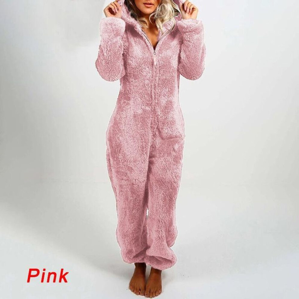 (pink, XS) Women&apos;s Fashion Long Sleeve Hooded Faux Fur Jumpsuit Winter Warm Zippers Solid Color Cute Bear Lounge-wear Ladies Home Sleep Wear Onesies Adults