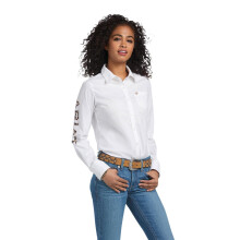 Ariat Damen Team Kirby Stretch-Hemd Weiß mit Leoparden-Logo, Größe S – sportliches, bequemes Freizeit-Hemd