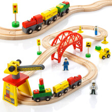 Conjuntos de trem de madeira kipipol para meninos 2-4-7 - 38 PCS Trem de madeira para crian   as com Crane Bridge & Wooden Train Treks - Trein Toys