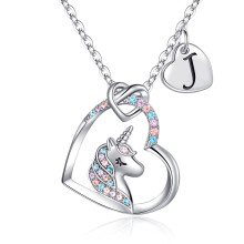 Hidepoo Unicorn halsk?de gaver til piger 14k hvid guldbelagt hjerte pendel farverig cz enhj?rning halsk?de indledende j pendel enhj?rning halsk?d
