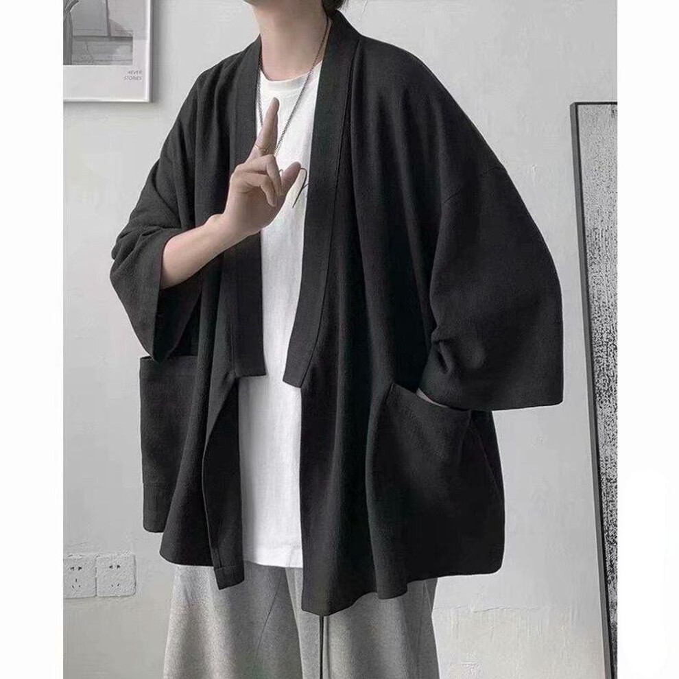 (black, M) Men Japanese Kimono Cardigan Long Shirts Male Clothing