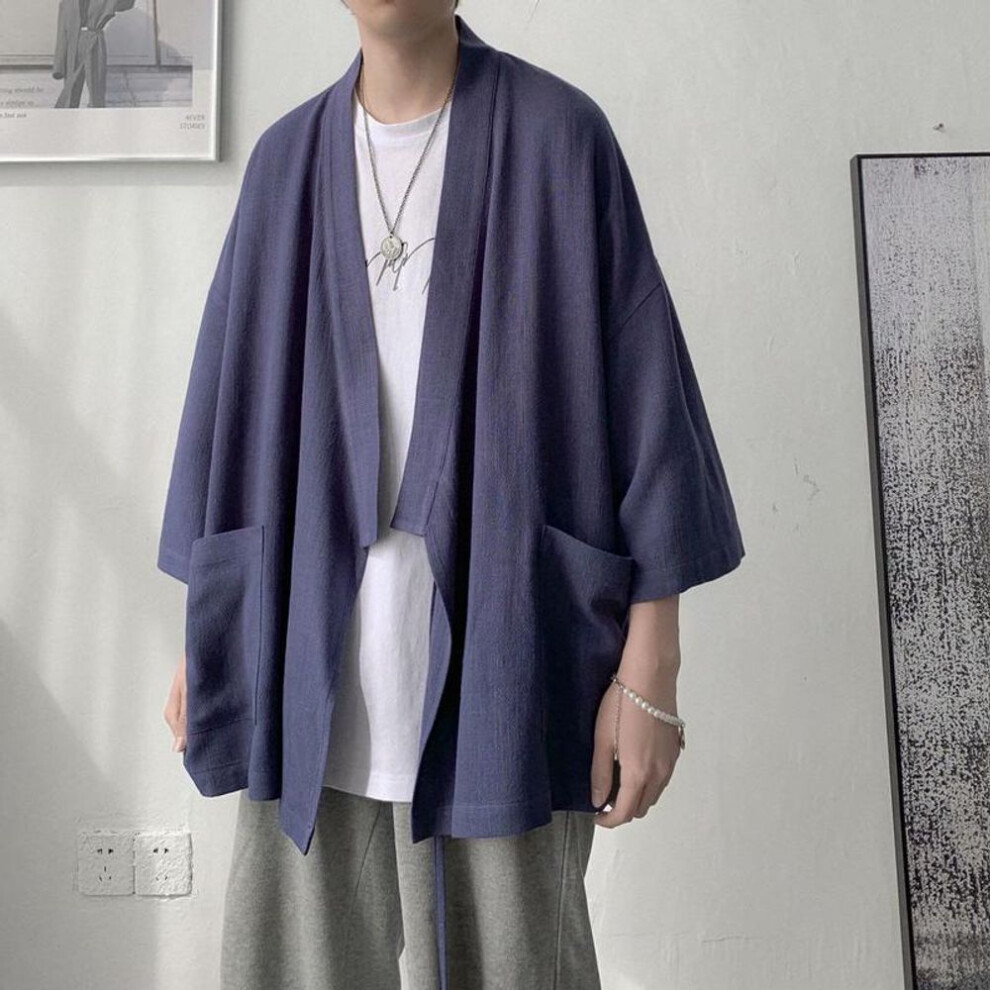 (blue, L) Men Japanese Kimono Cardigan Long Shirts Male Clothing