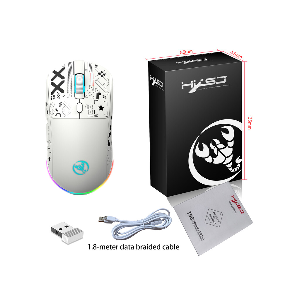 (T90w-) T90 Wireless Bluetooth Mouse Rgb (Bt1/Bt2+ Usb) 2.4Ghz Rechargeable Silent Bluetooth Wireless Mouse With Type C Adapter White 9190758286519