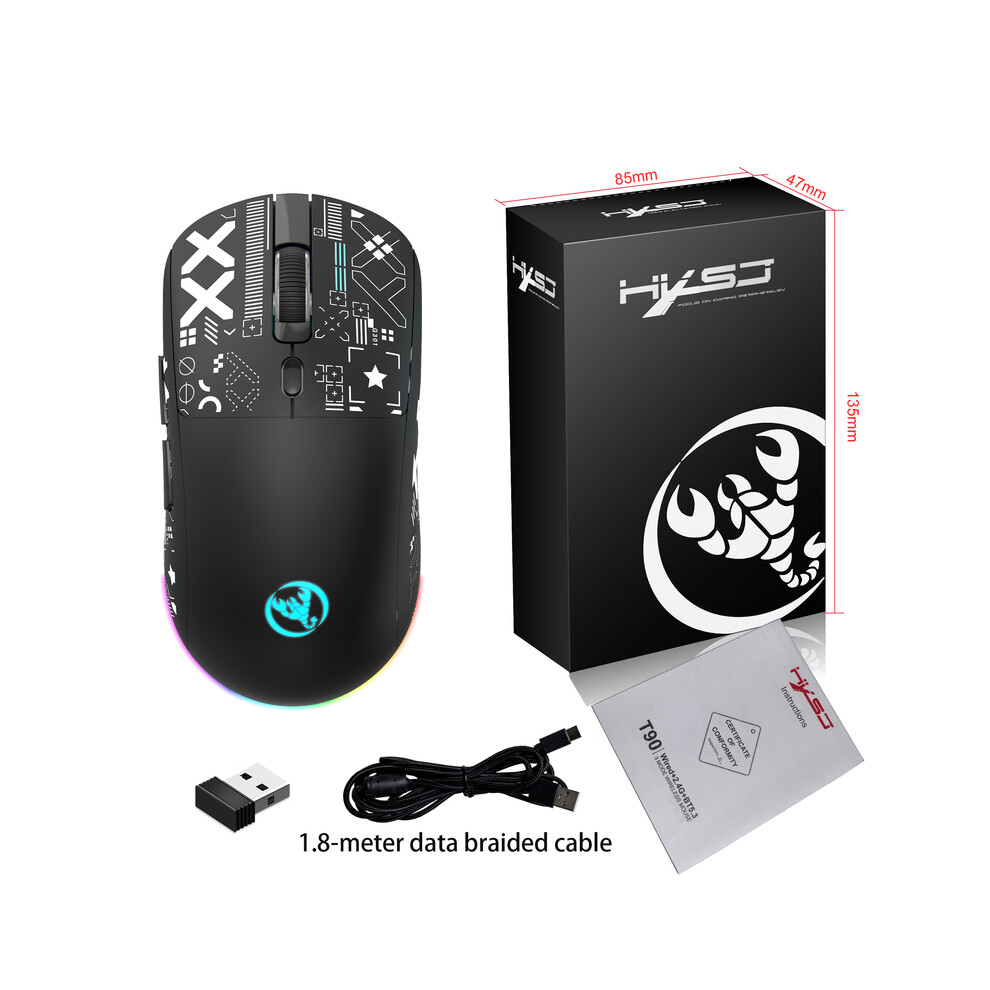 (T90b-) T90 Wireless Bluetooth Mouse Rgb (Bt1/Bt2+ Usb) 2.4Ghz Rechargeable Silent Bluetooth Wireless Mouse With Type C Adapter Black 9190758286502