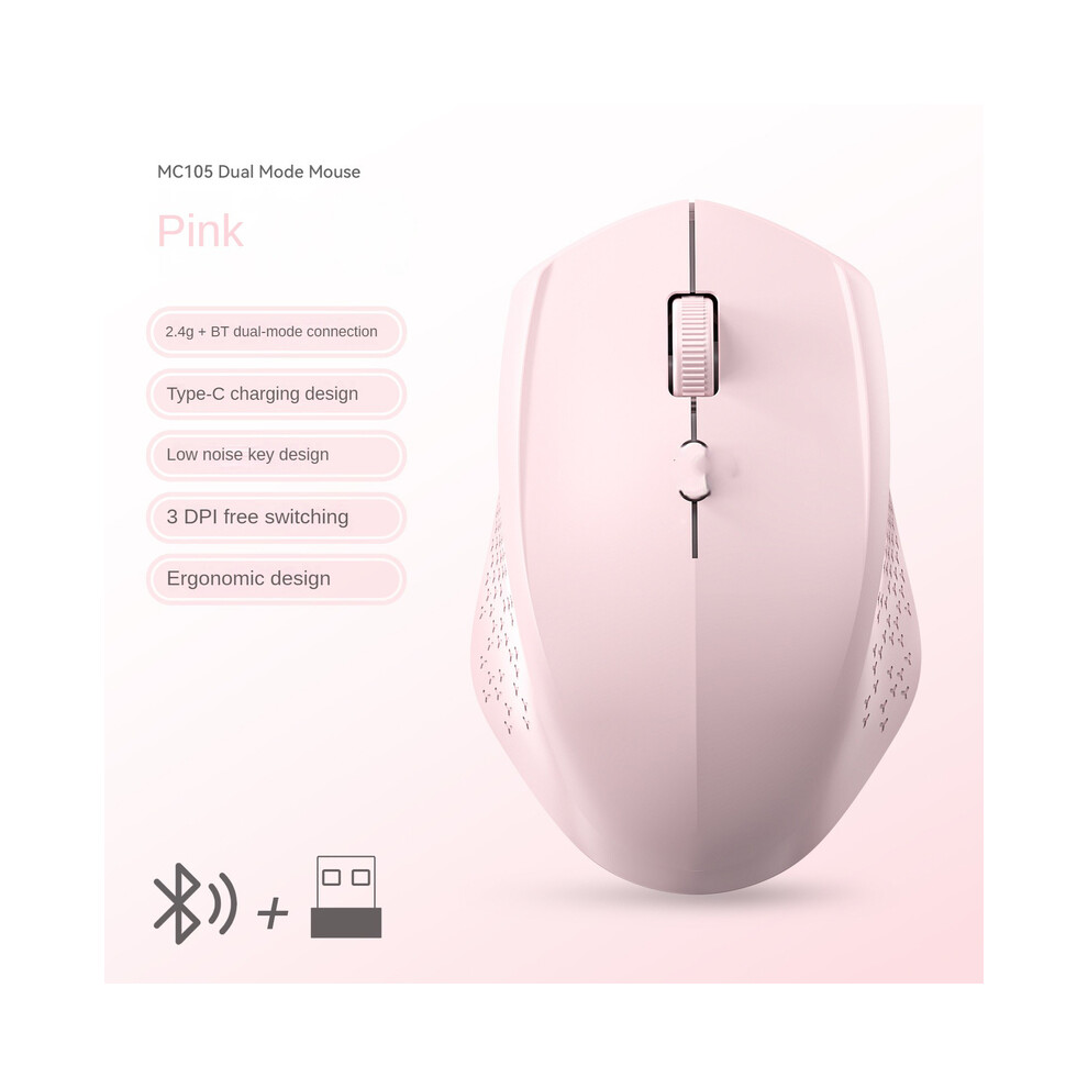 (Pink) Rechargeable Bluetooth Wireless Mouse Computer 1600Dpi Silent Mice With 2.4Ghz Usb Receiver For Pc Macbook Tablet Laptop Mouse Pink 9190758290073