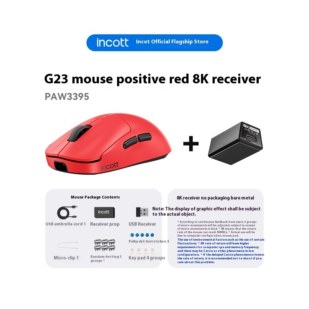(G23 Red-8K) Incott Wireless Mouse Dual Mode 8K PAW3950 Fast Charge Hot Swap Gaming Mouse Ergonomic Pc Gamer Mice Gifts [In Stock
