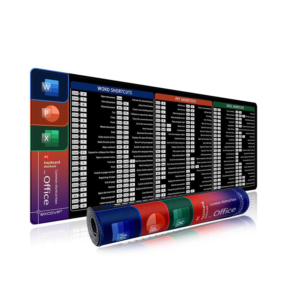 (Office Shortcuts, 600x300x2mm) EXCO Office Shortcuts Mouse Pad Large Extended Big Keyboard Mousepad for Excel Word Powerpoint Gaming Desk Mat Stitched Edge