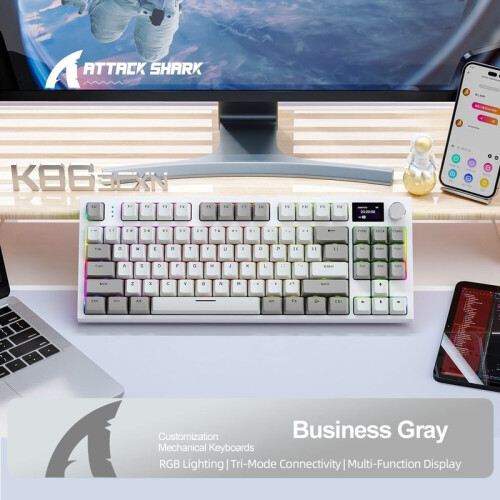 (Grey, White axis) K86 Wireless Hot-Swappable Mechanical Keyboard Bluetooth/With Display Screen and Volume Rotary Button for Games and Work 1