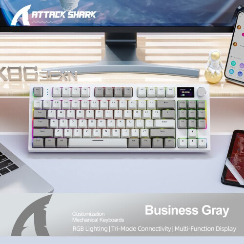 (Grey, White axis) K86 Wireless Hot-Swappable Mechanical Keyboard Bluetooth/With Display Screen and Volume Rotary Button for Games and Work