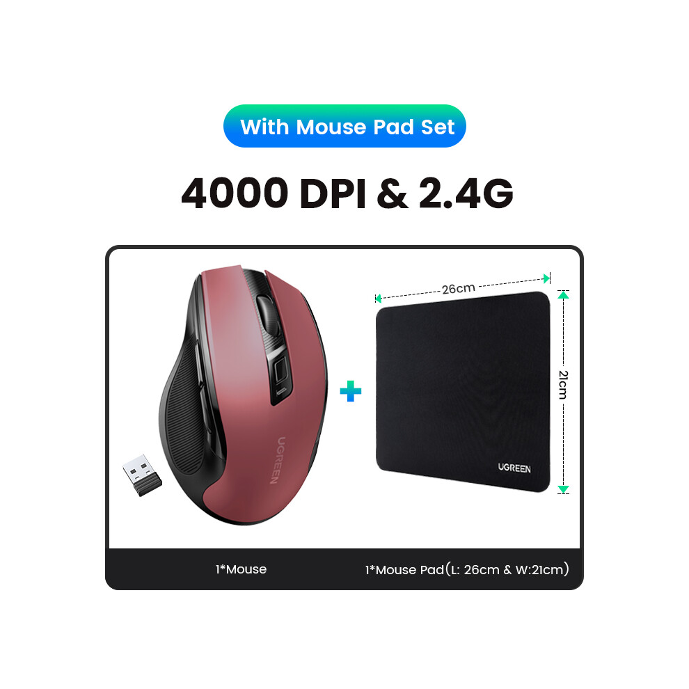 Maxpower ( With Mouse Pad) 【New】Ugreen Mouse Wireless Ergonomic Mouse 4000 Dpi Silent 6 Buttons For Macbook Tablet Laptop Mute Mice Quiet Mouse Red