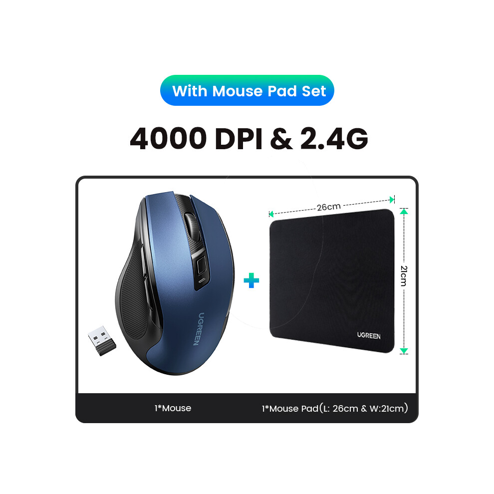 ( With Mouse Pad) ÃNewãUgreen Mouse Wireless Ergonomic Mouse 4000 Dpi Silent 6 Buttons For Macbook Tablet Laptop Mute Mice Quiet Mouse Blue 9190758299342