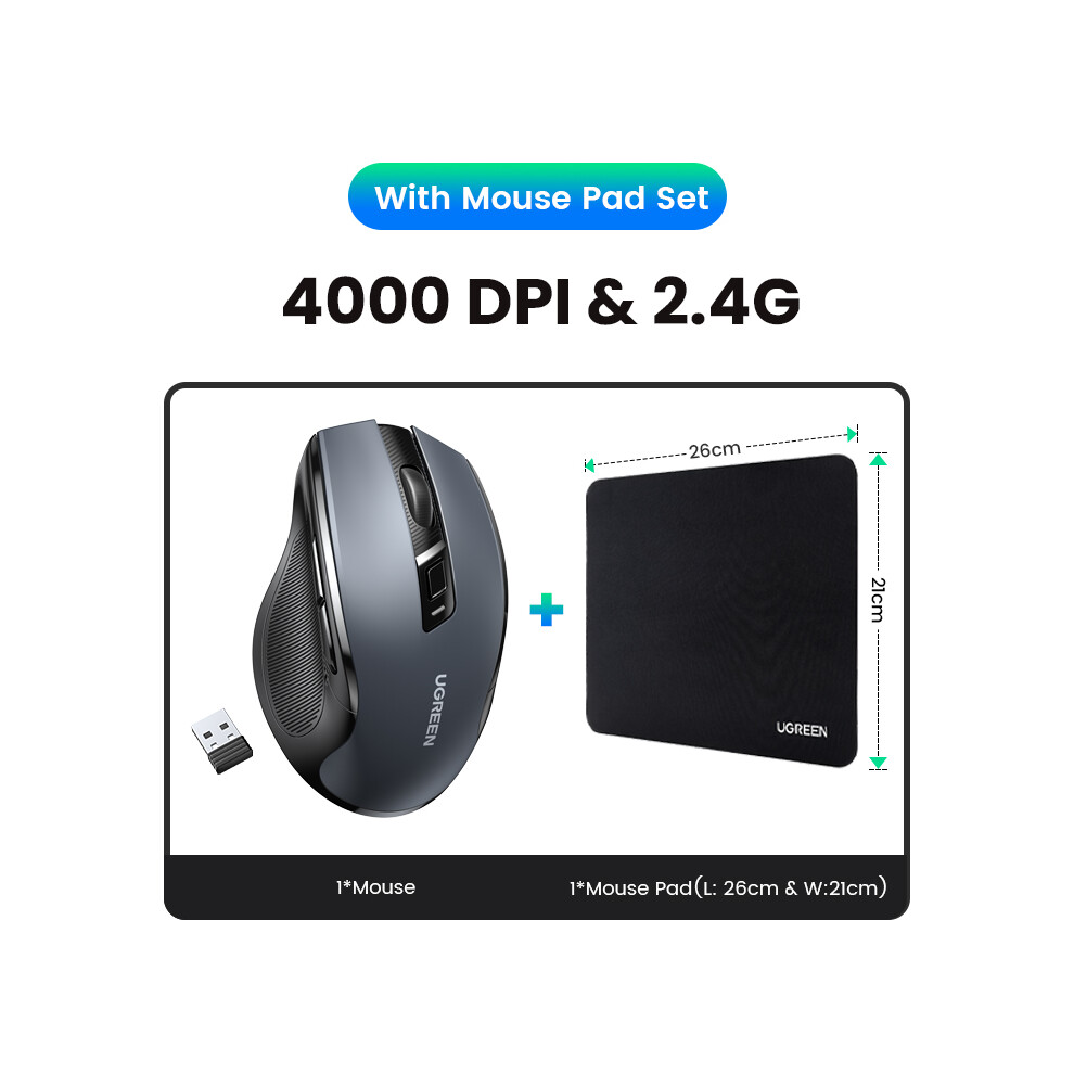 ( With Mouse Pad) ÃNewãUgreen Mouse Wireless Ergonomic Mouse 4000 Dpi Silent 6 Buttons For Macbook Tablet Laptop Mute Mice Quiet Mouse Black 9190758304046