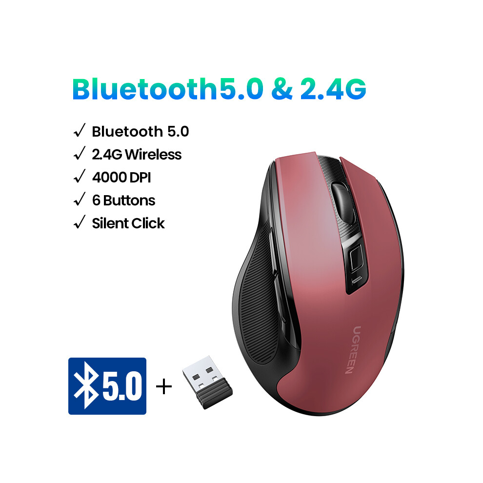 (Bt5.0 And 2.4G ) Ugreen Wireless Mouse Bluetooth5.0 Mouse Ergonomic 4000Dpi 6 Mute Buttons Mouse For Macbook Tablet Laptops Computer Pc Mice Red 9190758295283