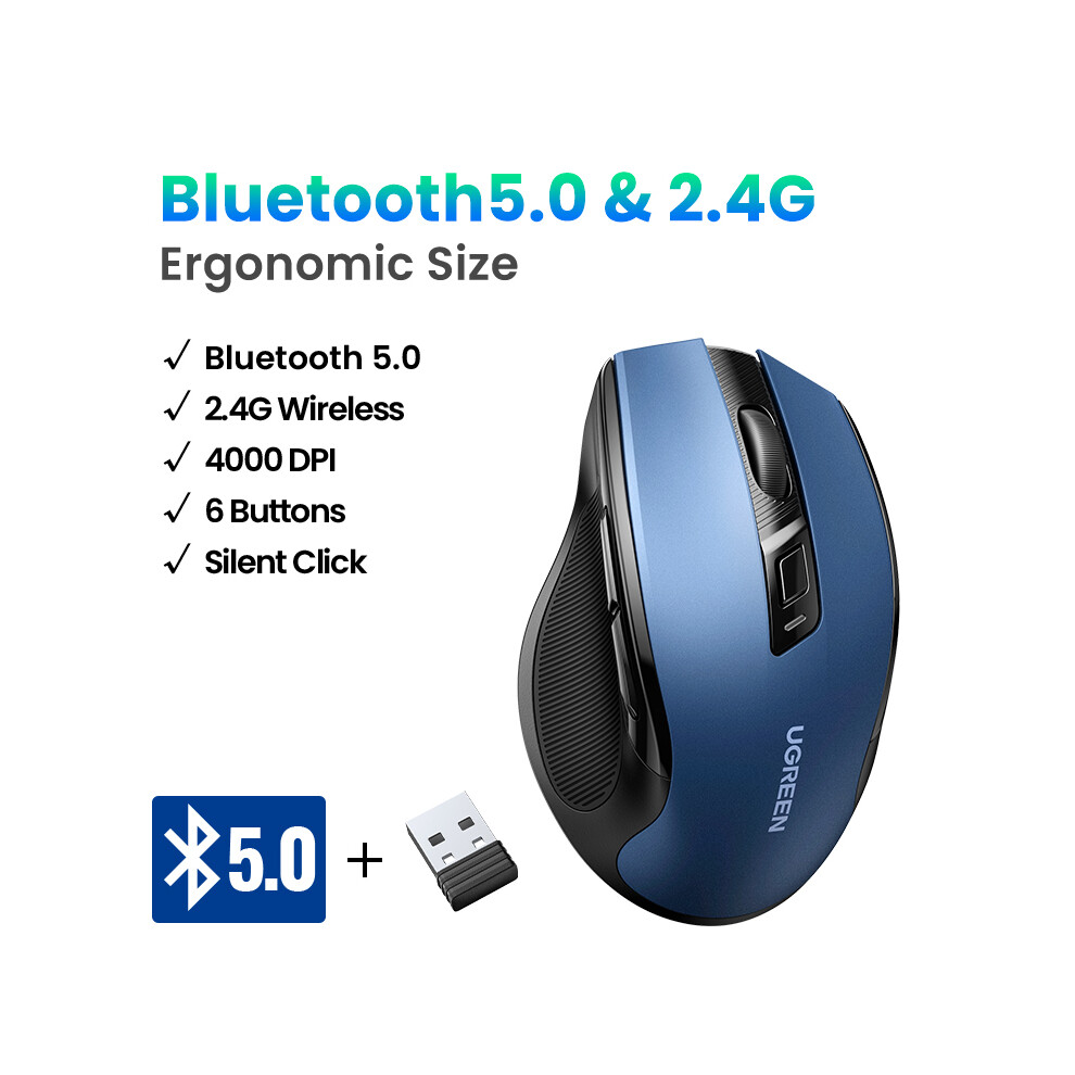 Maxpower (Bt5.0 And 2.4G Blue) Ugreen Wireless Mouse Bluetooth5.0 Mouse Ergonomic 4000Dpi 6 Mute Buttons Mouse For Macbook Tablet Laptops Computer Pc Mice