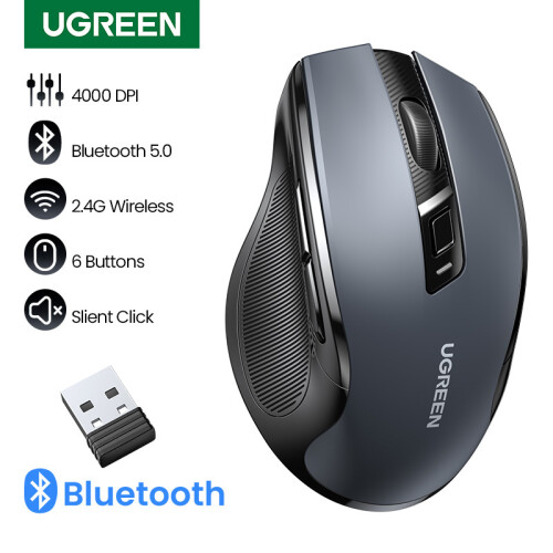 (ONLY 2.4G Black) UGREEN Wireless Mouse Bluetooth5.0 Mouse Ergonomic 4000DPI 6 Mute Buttons Mouse For MacBook Tablet Laptops Computer PC Mice 2