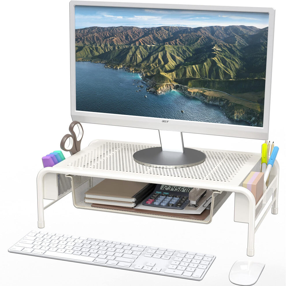 Simple Houseware Metal Desk Monitor Stand Riser With Organizer Drawer White 811244039868