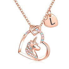Unicorns Present till Flickor Kvinnor, 14K Roséguld Pläterad Initial L Hänge Hjärta Unicorn Halsband