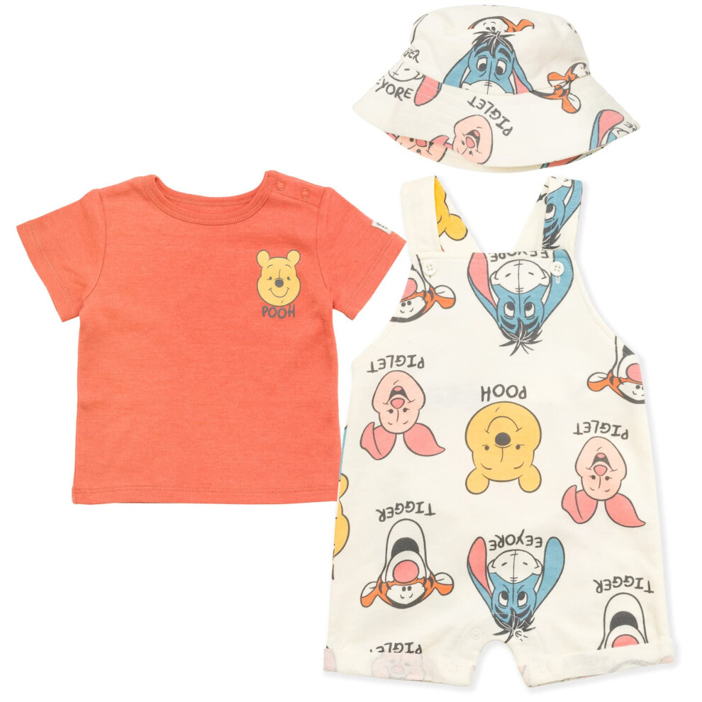 Disney Winnie the Pooh Newborn Baby Boys Short Overalls French Terry T-Shirt and Hat 3 Piece Outfit Set 3-6 Months