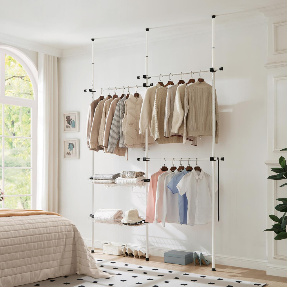 Adjustable Double Telescopic Clothes Rail Organiser Baskets Racks