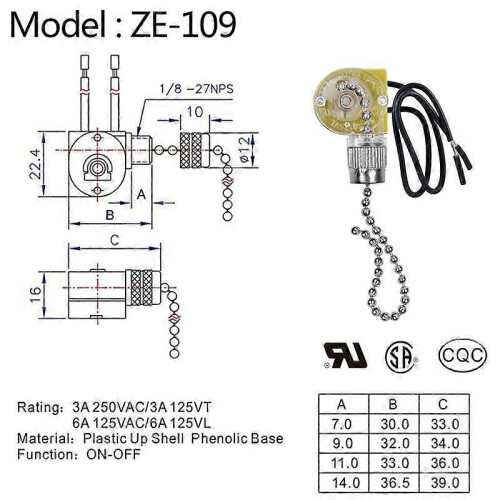 Ceiling Fan Light Switch Ear ZE-109 Two-Wire Light Switch with Pull Cords for Ceiling Light Fans La 1